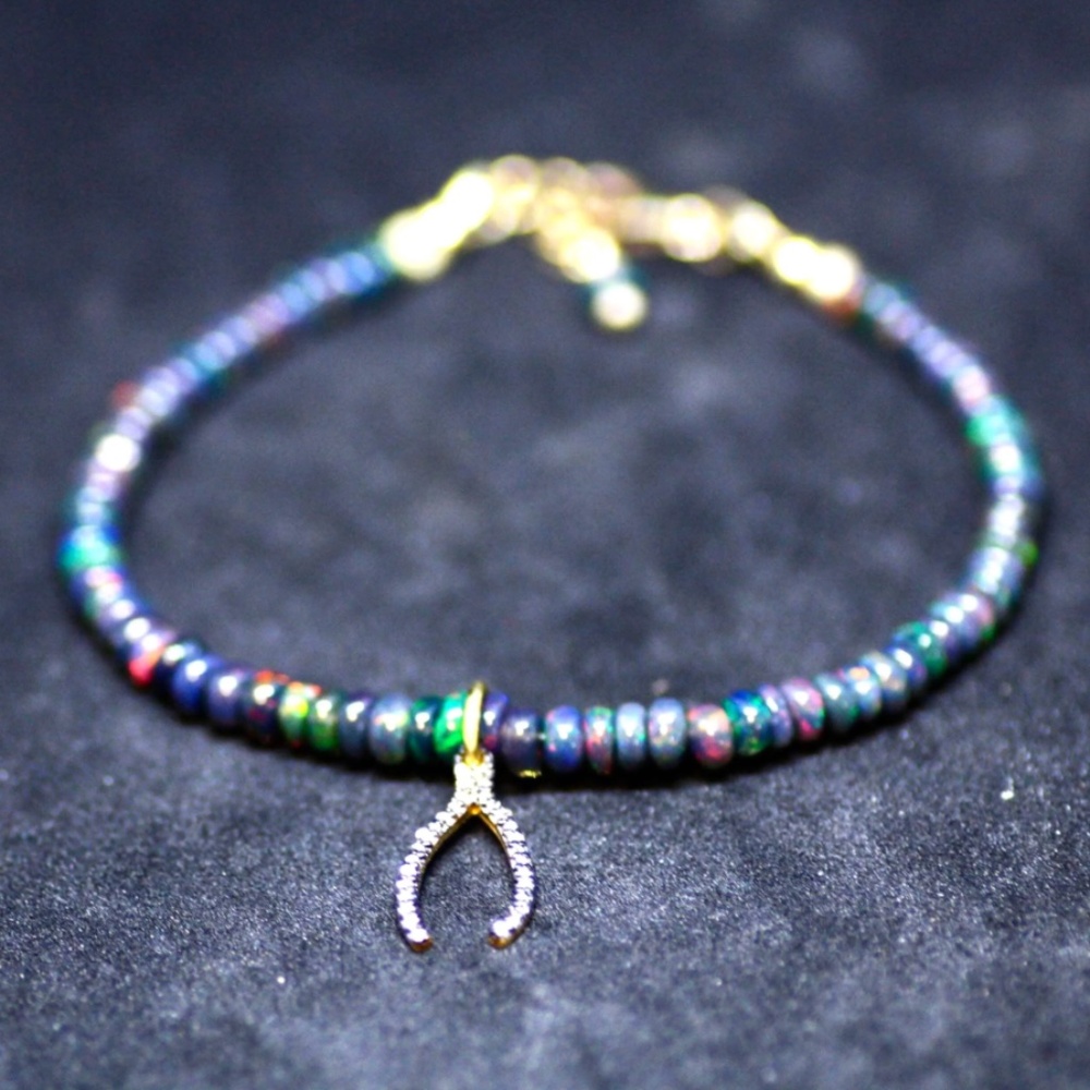 New Natural Diamond Good Luck Wishbone and Black Opal Bracelet 14k Gold Filled